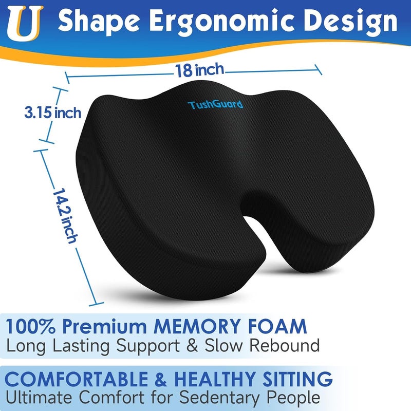 TushGuard Seat Cushion for Office Chair Memory Foam Non-Slip Desk Seat Cushion Back, Coccyx, Sciatica, Tailbone Pain Relief Butt Pillow for Office Chair, Car, Wheelchair, Black - Image 2